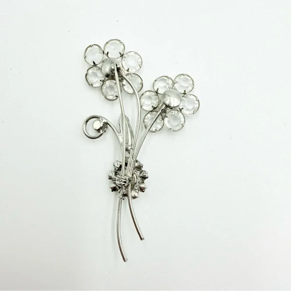 Vintage Silver Tone Bezel Set Faceted Crystal Flower Bouquet Brooch